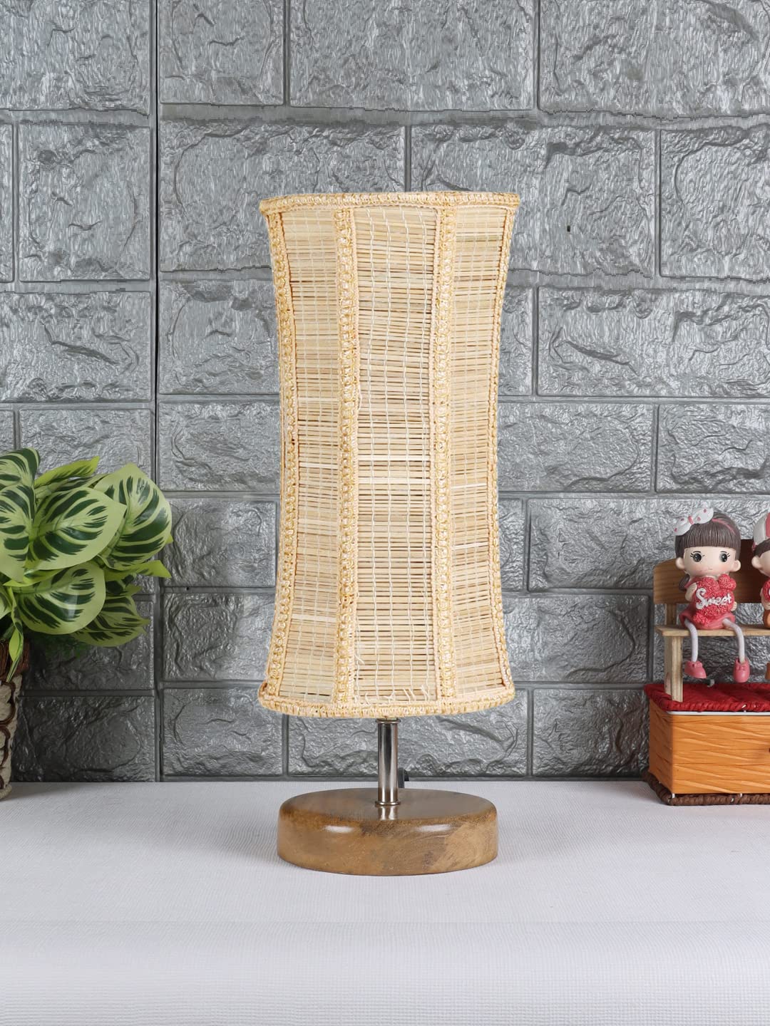 Grey Cotton Shade with Wood lamp Base