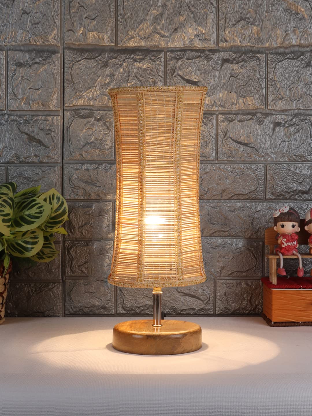 Grey Cotton Shade with Wood lamp Base
