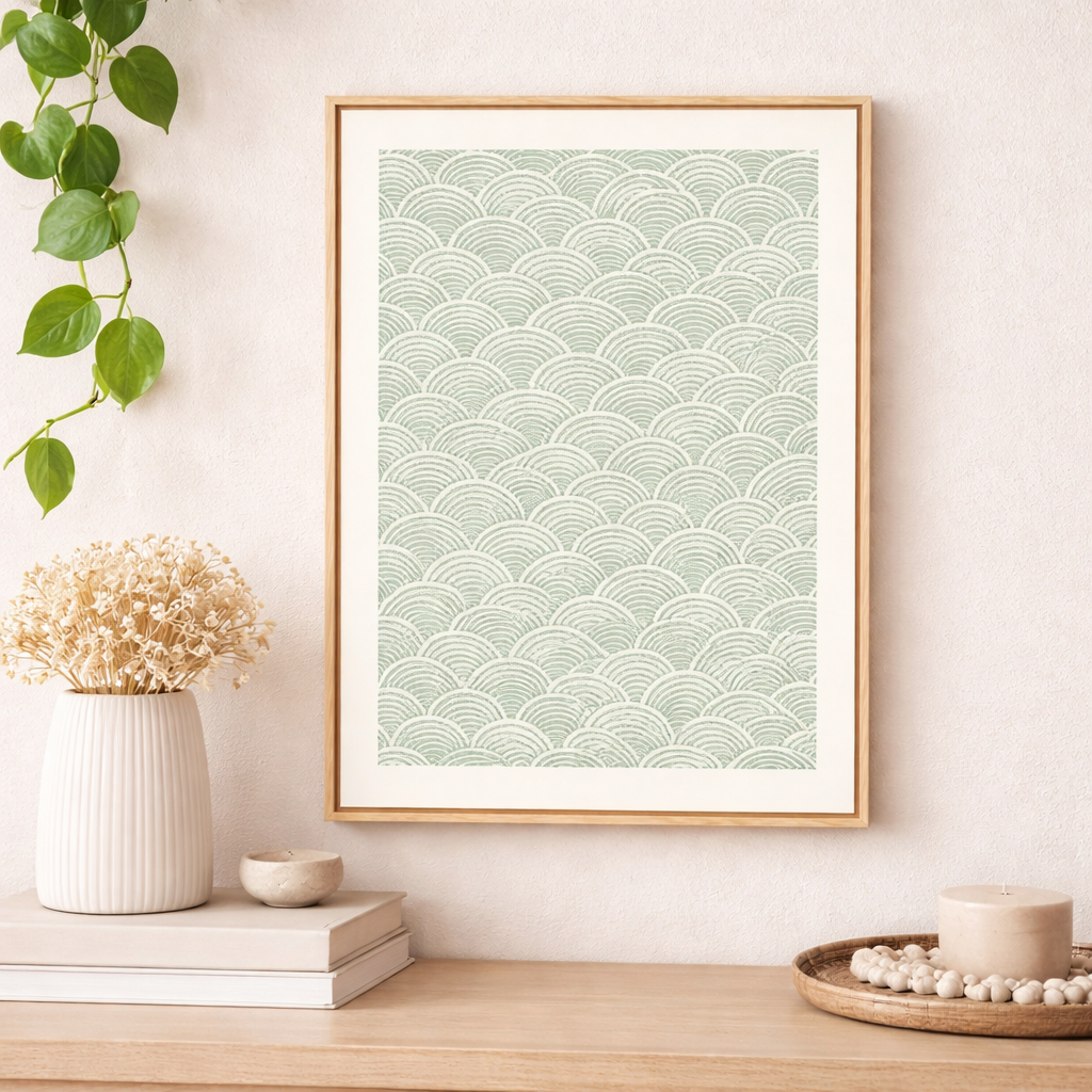 Minimal Seigaiha Wave Pattern Art Print  With Floaing Frame