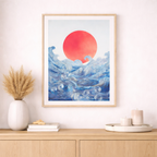 Japanese Waves & Rising Sun Art Print With Floaing Frame