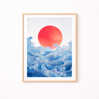 Japanese Waves & Rising Sun Art Print With Floaing Frame
