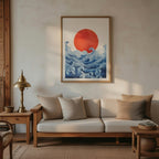 Japanese Waves & Rising Sun Art Print With Floaing Frame