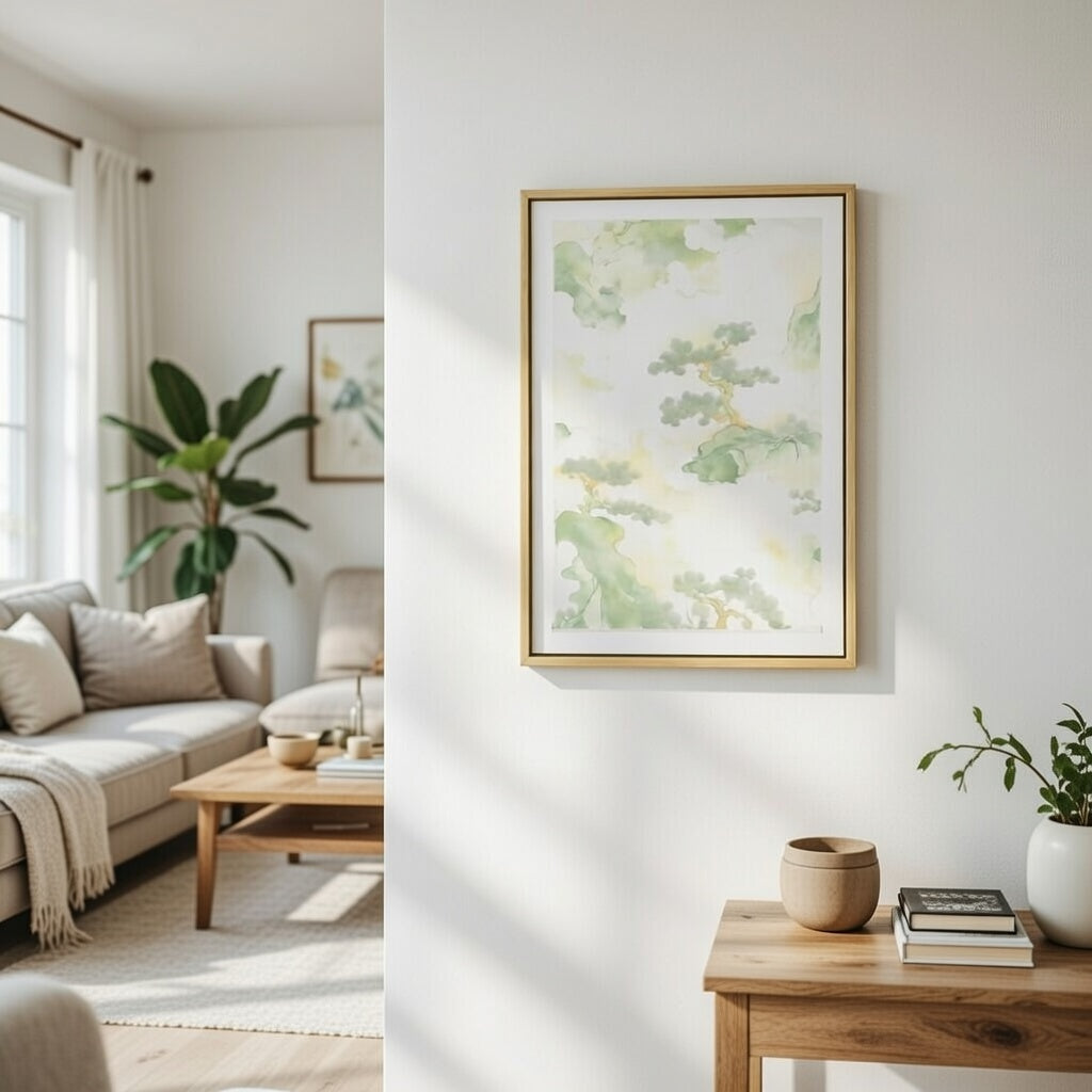 Soft Green Landscape Abstract Art Print  With Floaing Frame