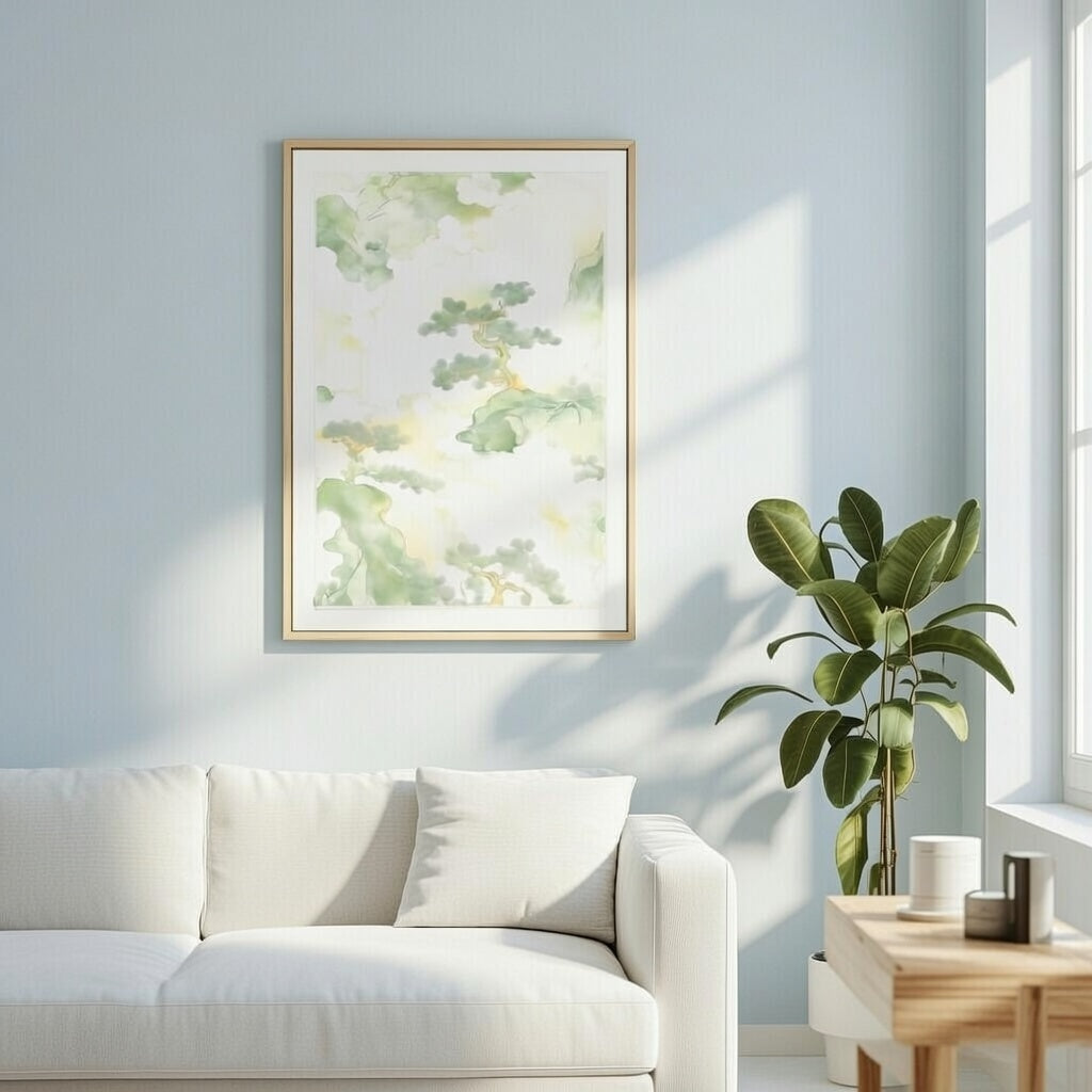 Soft Green Landscape Abstract Art Print  With Floaing Frame