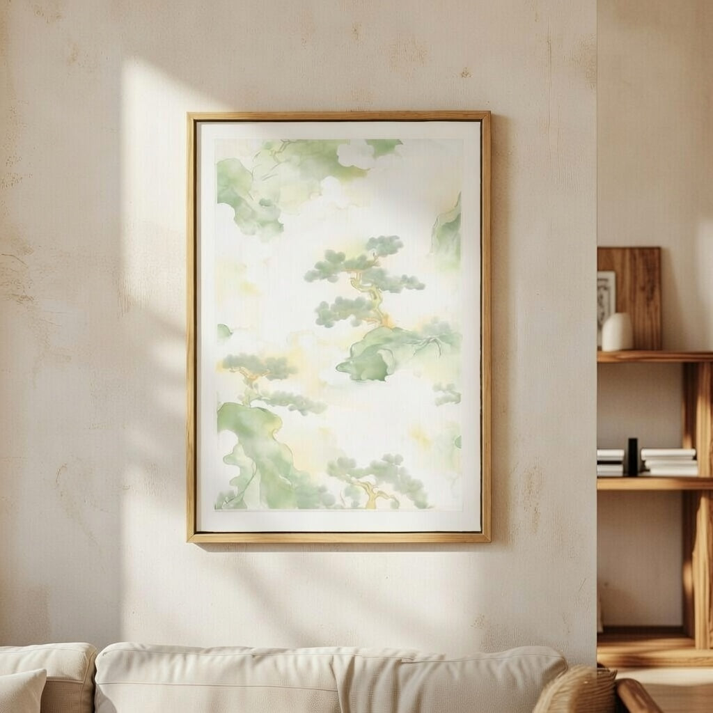 Soft Green Landscape Abstract Art Print  With Floaing Frame