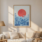 Japanese Waves & Rising Sun Art Print With Floaing Frame