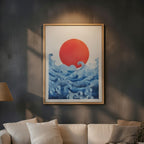 Japanese Waves & Rising Sun Art Print With Floaing Frame