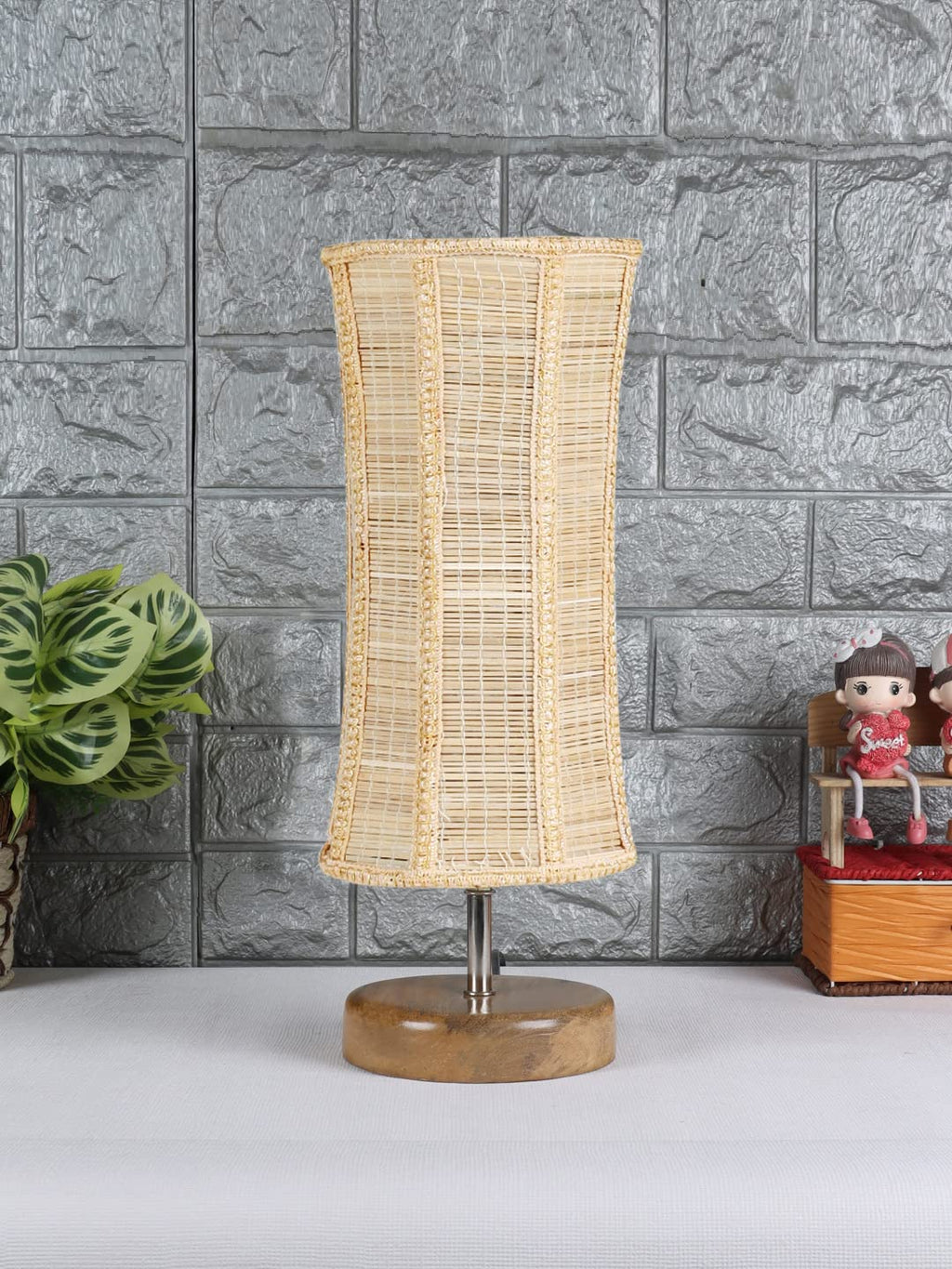 Grey Cotton Shade with Wood lamp Base