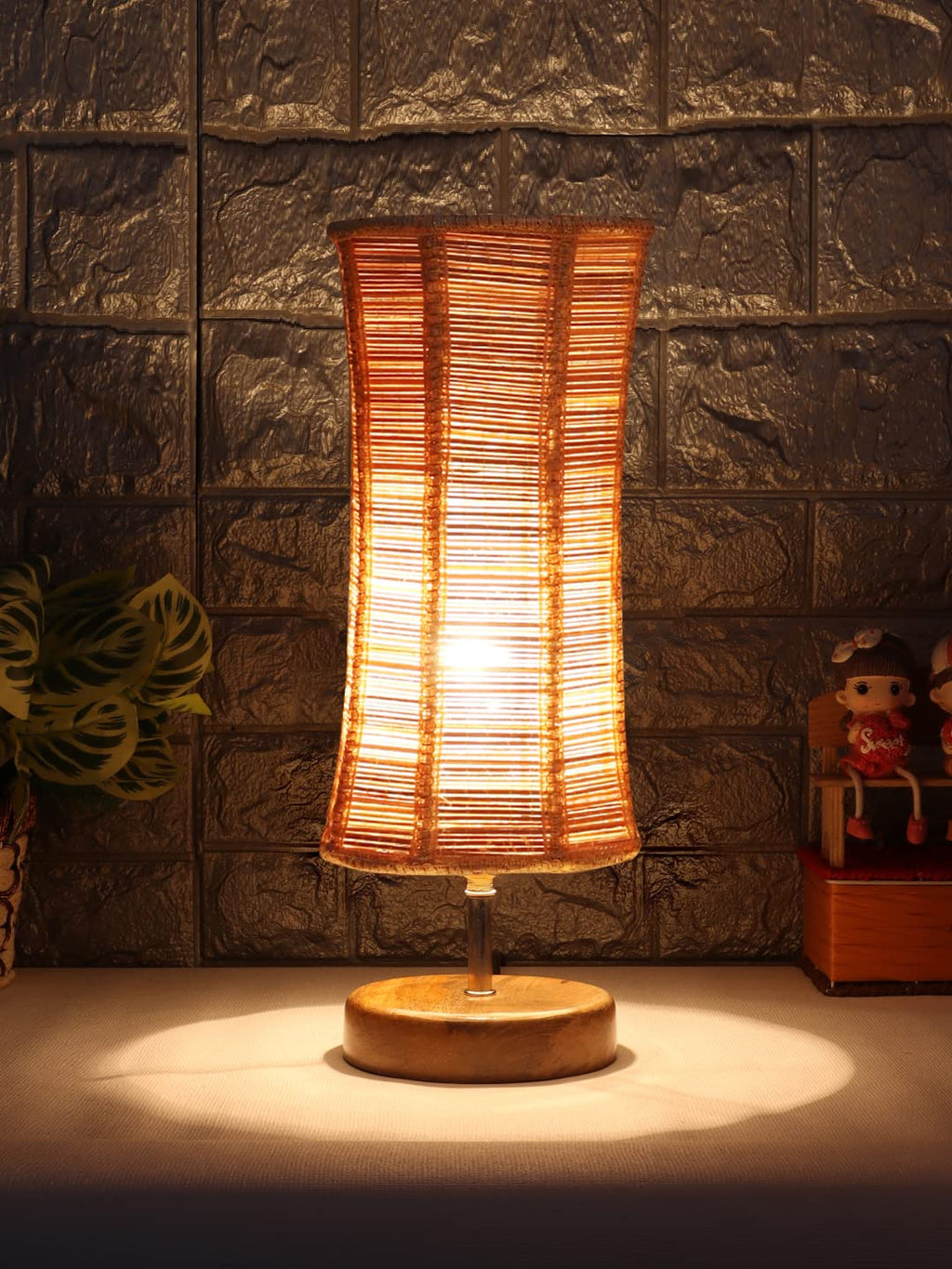 Grey Cotton Shade with Wood lamp Base